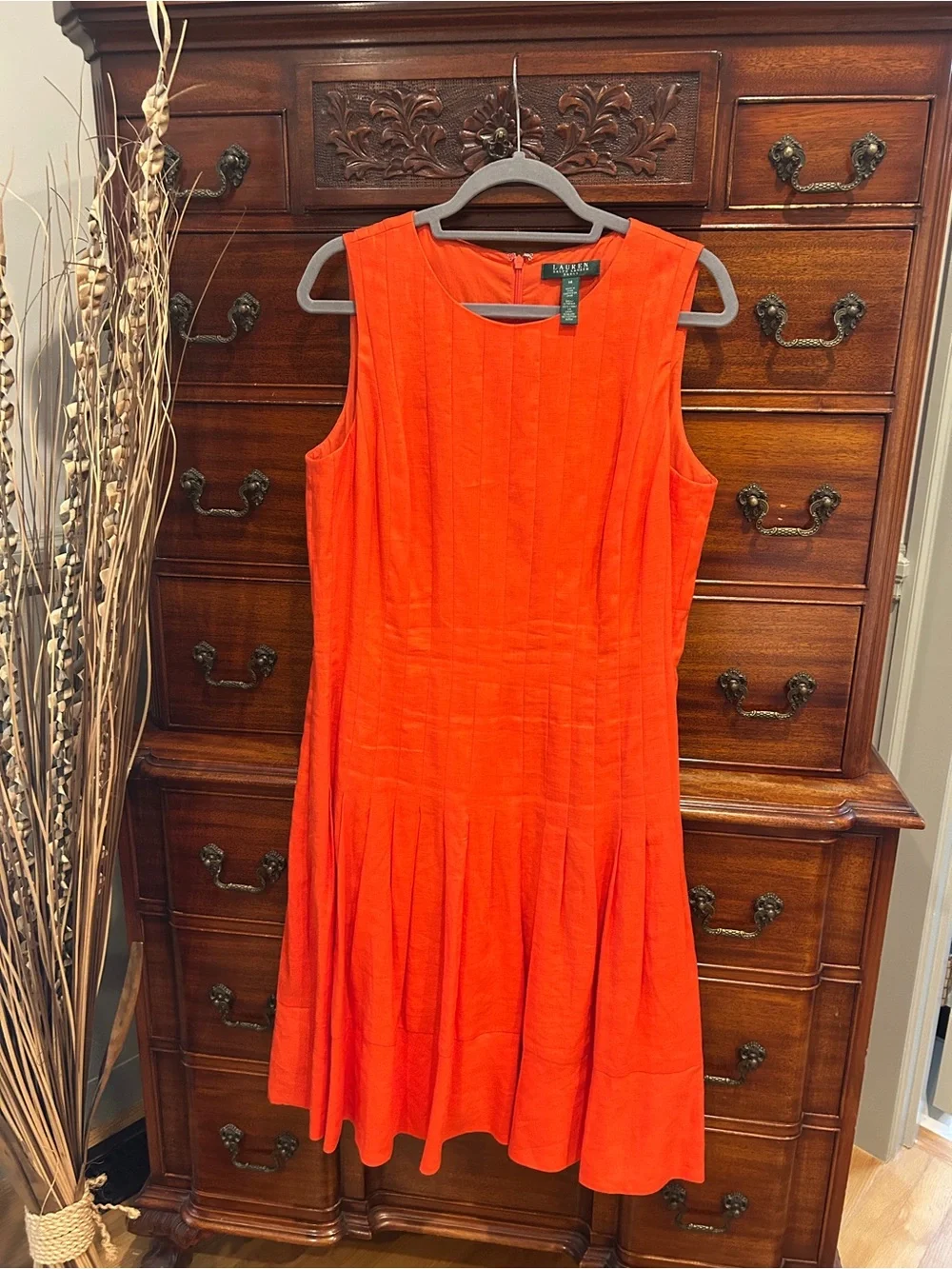 Vintage Ralph Lauren Orange Sleeveless Pleated Dress | Size 14 | Like New